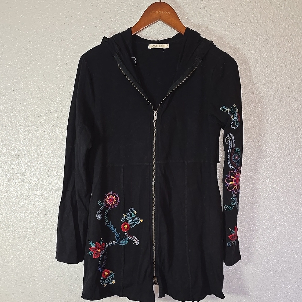 Black Hooded Jacket with Floral Embroidery